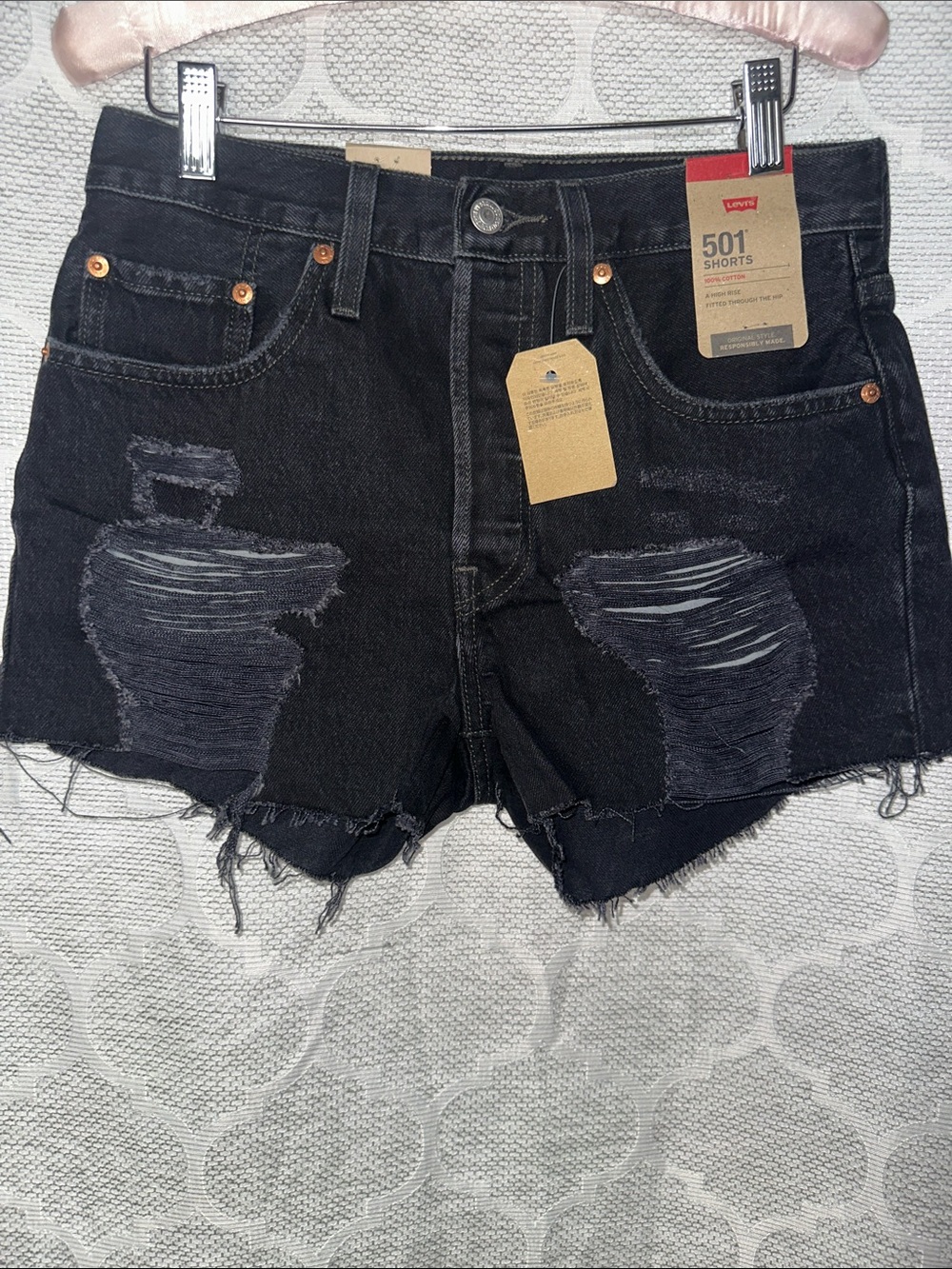Levi’s 501 Original Shorts Women’s Size 27 NWT Black Destructed High Rise Denim